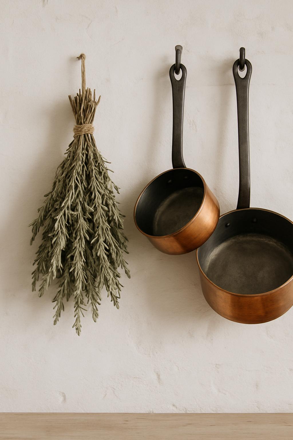 A collection of three copper pots, each with a long handle, hangs from a white wall next to bunch of fresh rosemary.