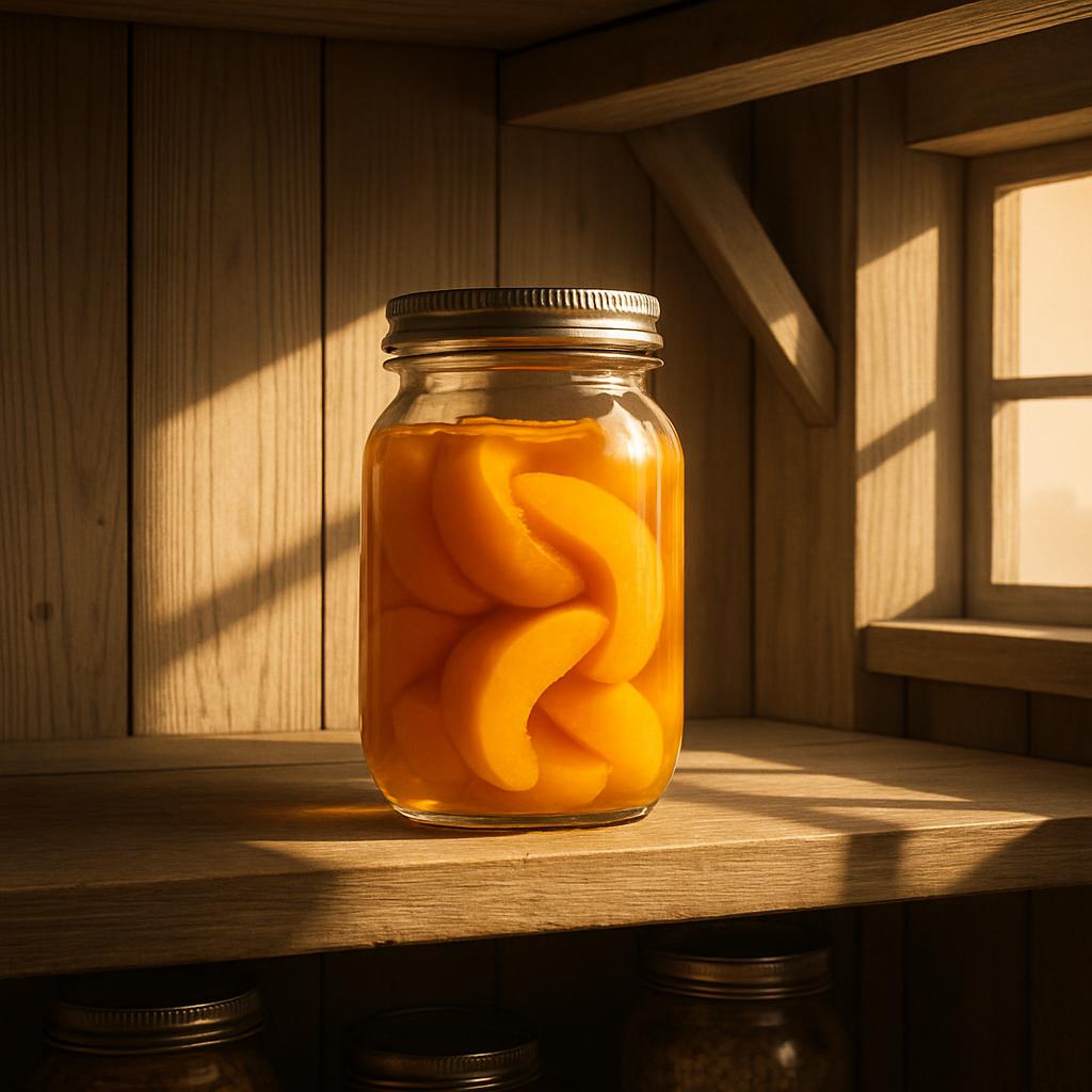 A mason jar filled with canned orange peaches.
